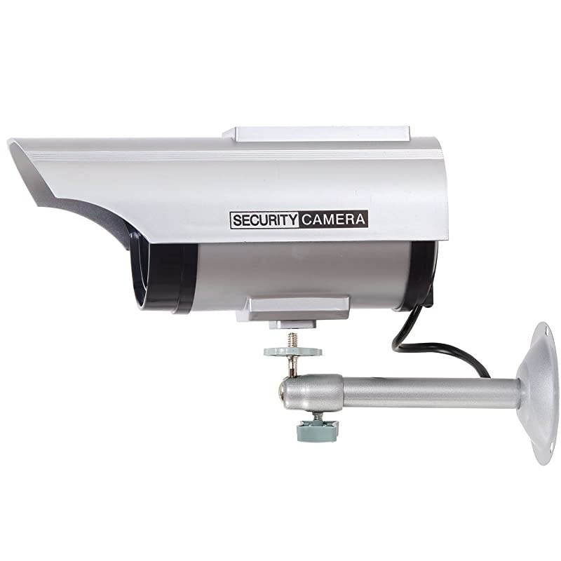 Solar Powered Bullet Dummy Fake Simulated Surveillance Security CCTV Dome Camera Indoor Outdoor with 1 LED Light Warning Security Alert Sticker Decal SOLTCS4 4 Packs Silver