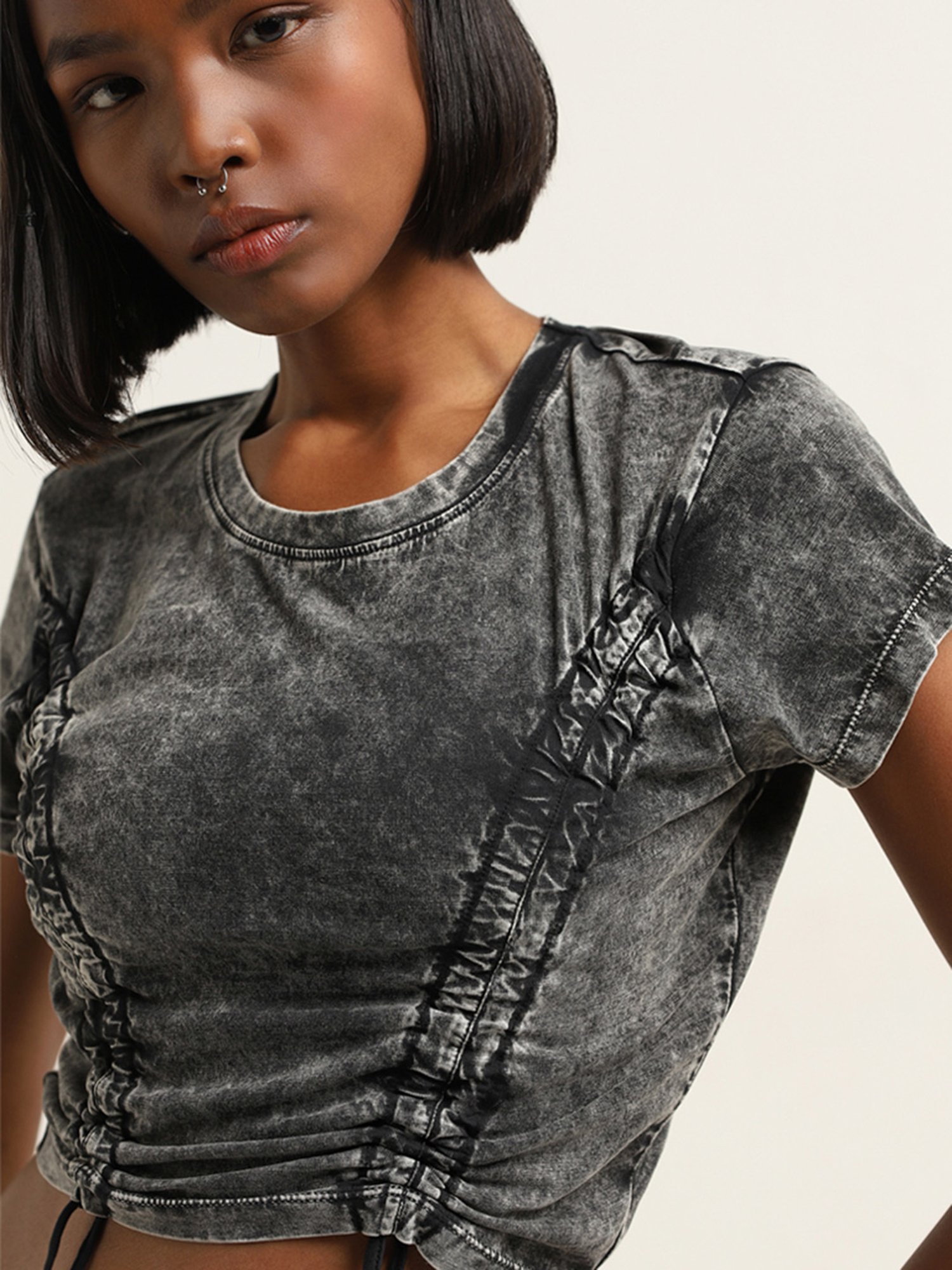 Nuon by Westside Grey Ruched Detailed Denim T-Shirt