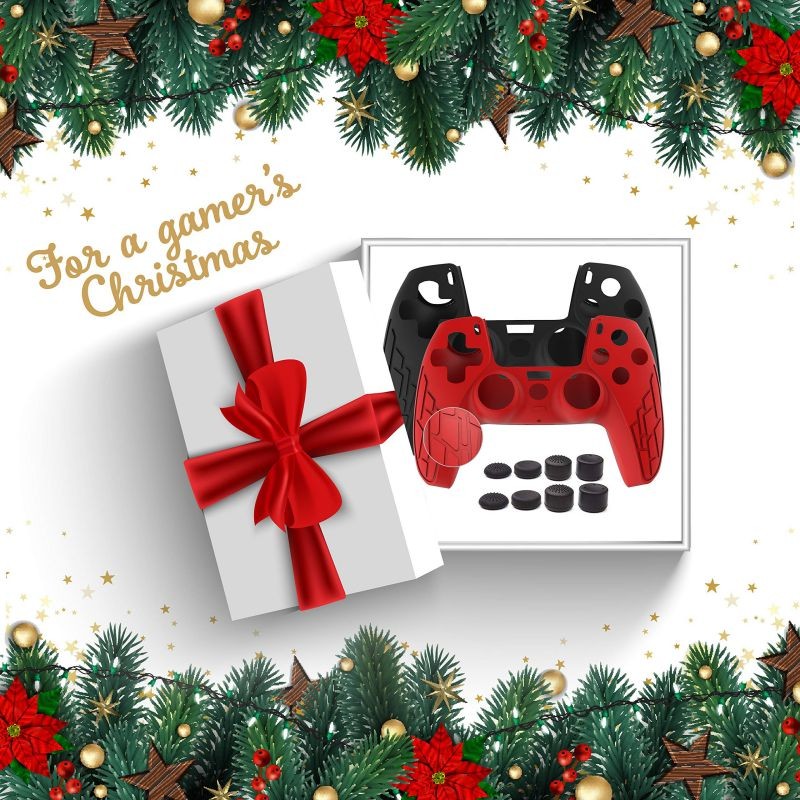 PS5 Controller Grip Cover,  Anti-Slip Silicone Skin Protective Cover Case for Playstation 5 DualSense Wireless Controller, 2 Pack with 8 Thumb Grips (Black/Red)