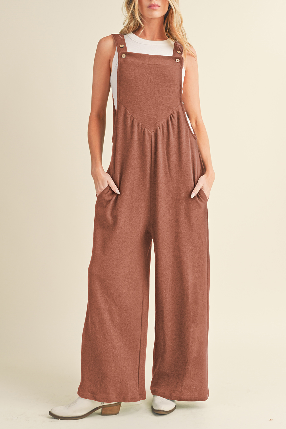 Rose Tan Solid Self Tied Straps Pleated Wide Leg Jumpsuit
