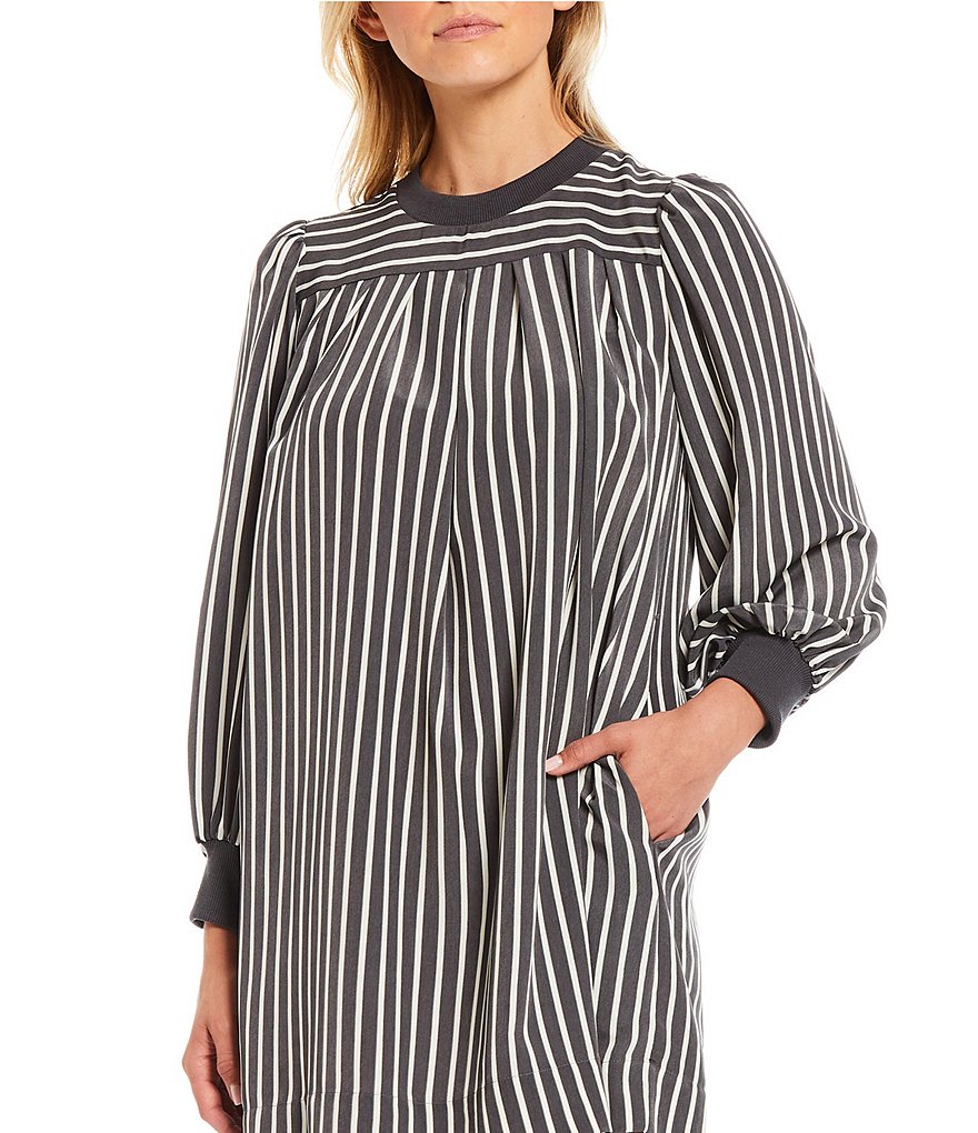 LDT Falon Long Sleeve Crew Neck Pleated Swing Dress