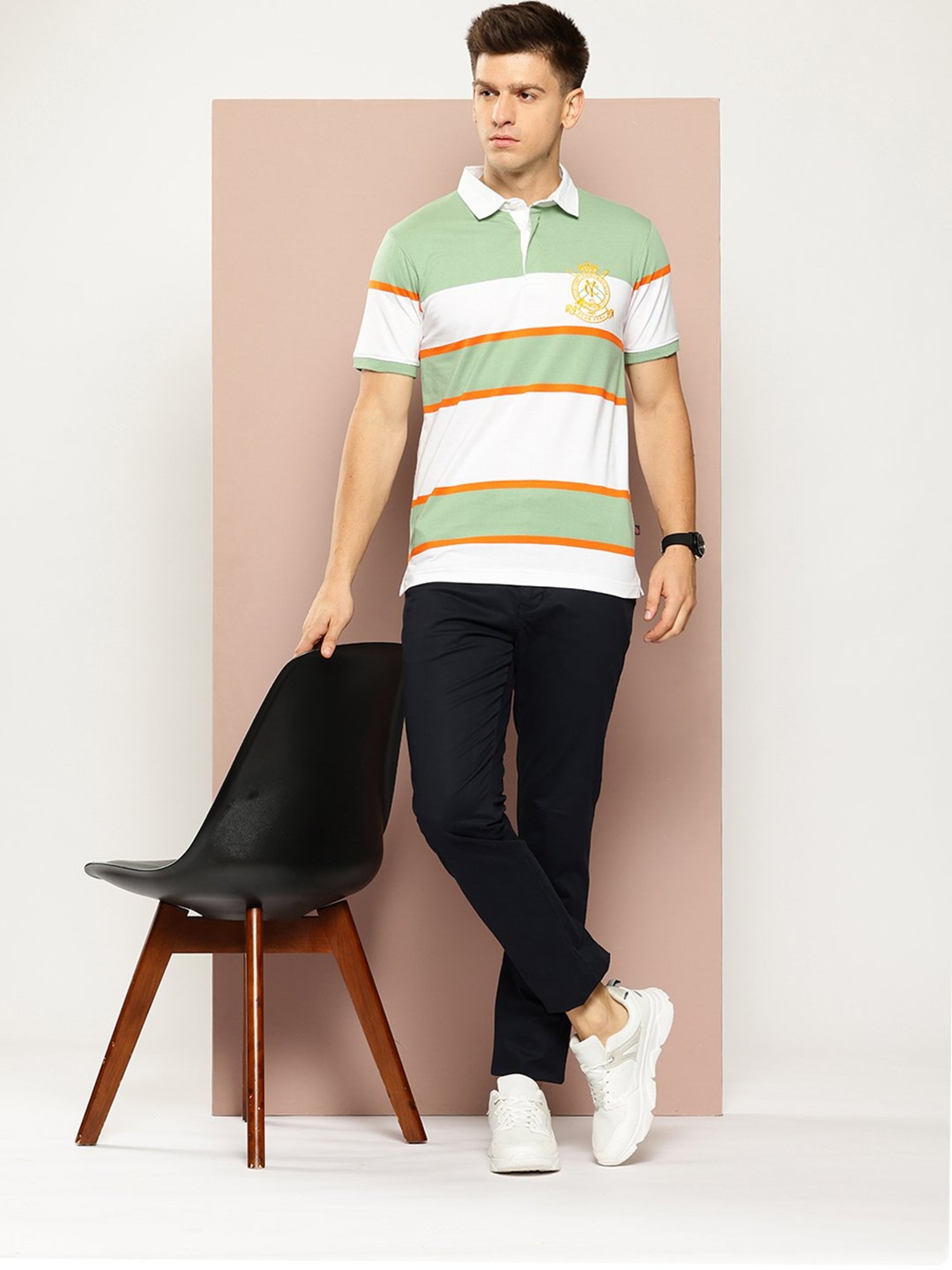 Club York Light Green & White Regular Fit Striped Polo T-Shirt