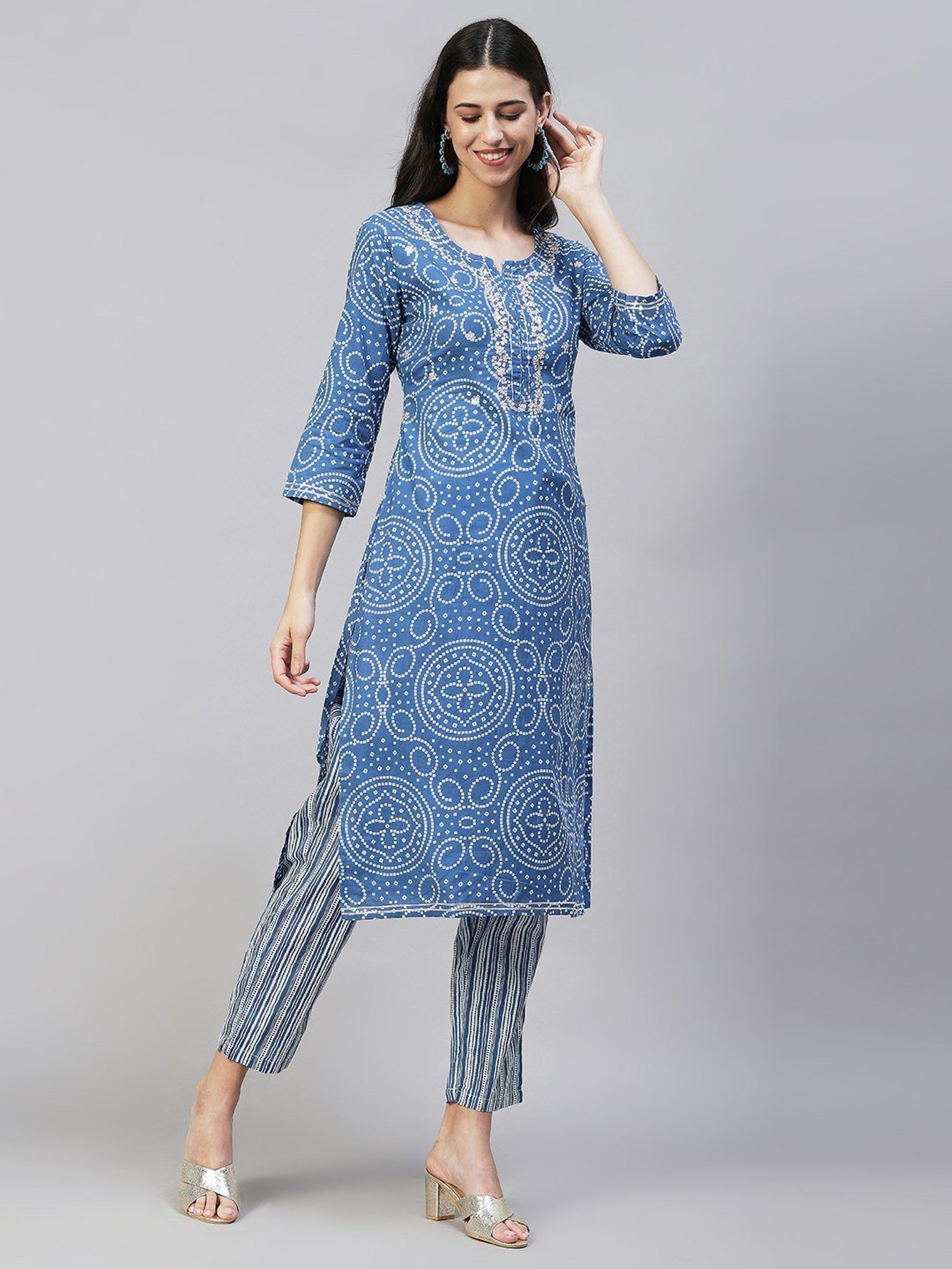 Fashor Blue Cotton Printed Kurta Pant Set
