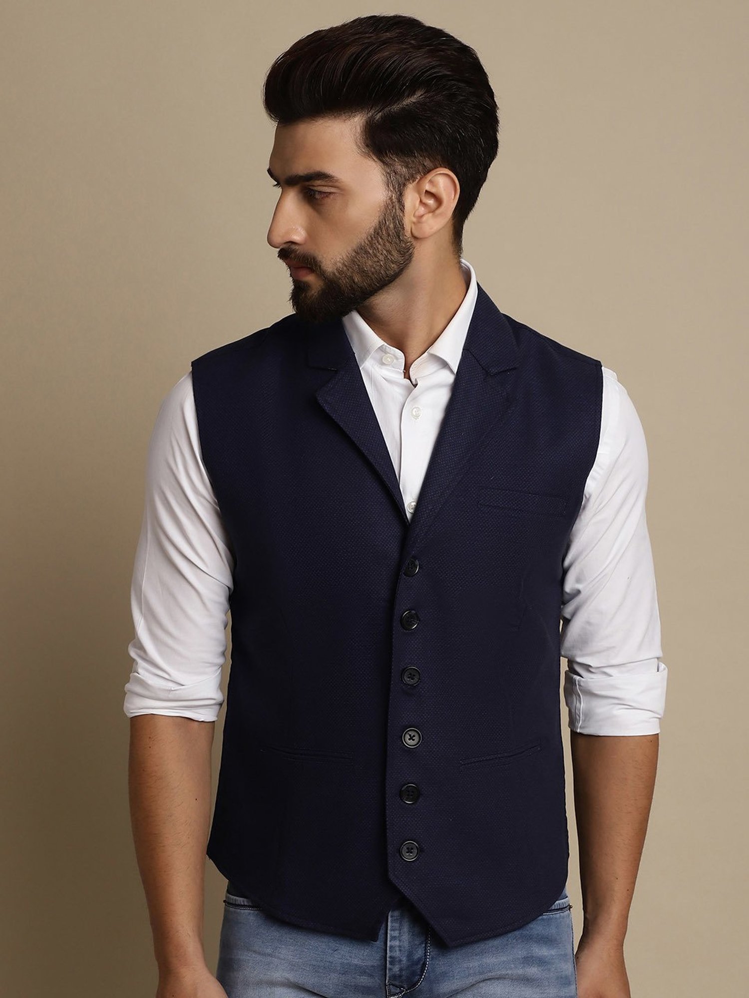Even Navy Regular Fit Self Design Notch Lapel Waistcoat