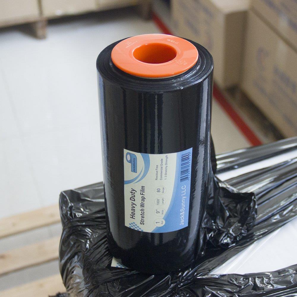 Jack&Sunny Stretch Wrap 9''x 1000 Ft 80 Gauge with 1 Pair of Plastic Hand Saver for Moving Shipping Packing Depot&Storage Industrial Hand Stretch wrap Film Clear (Black with Hand Saver, 1-roll)