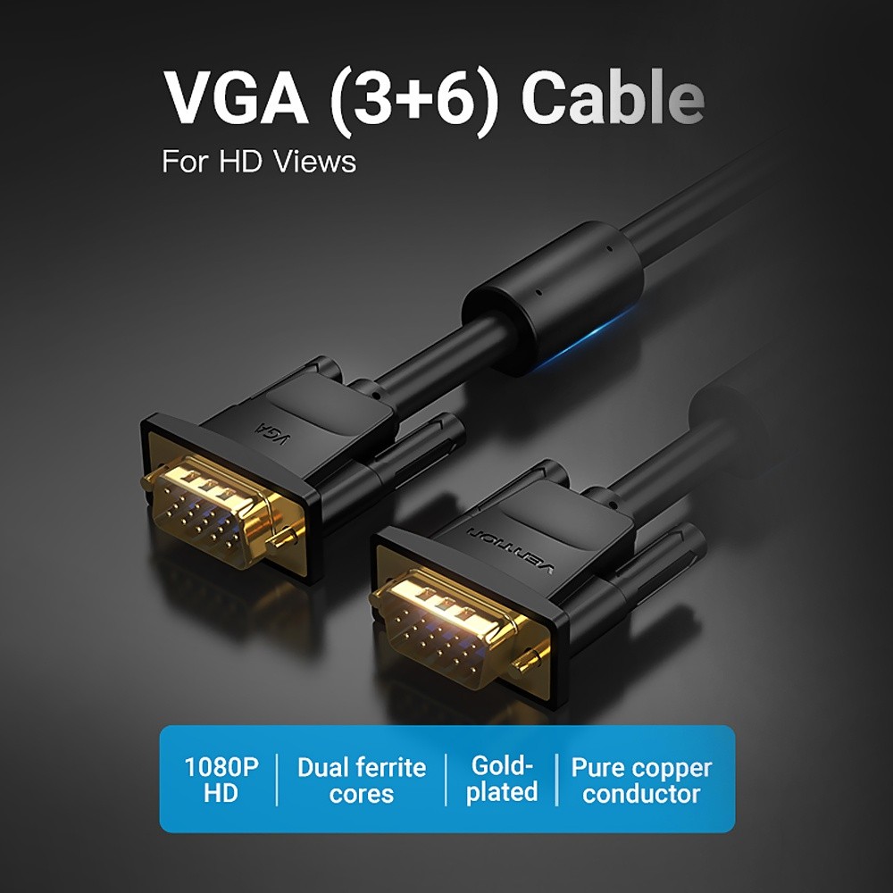 Vention VGA Cable 3+6 VGA Male to Male Cable with HD 1080P Pure Copper Conductor Dual Ferrite Cores for PC Projector 10m