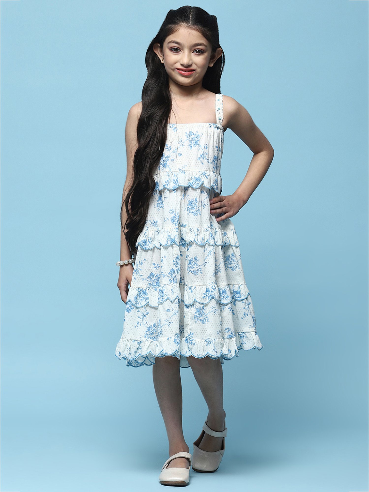 BIBA Girls White & Blue Floral Print Dress