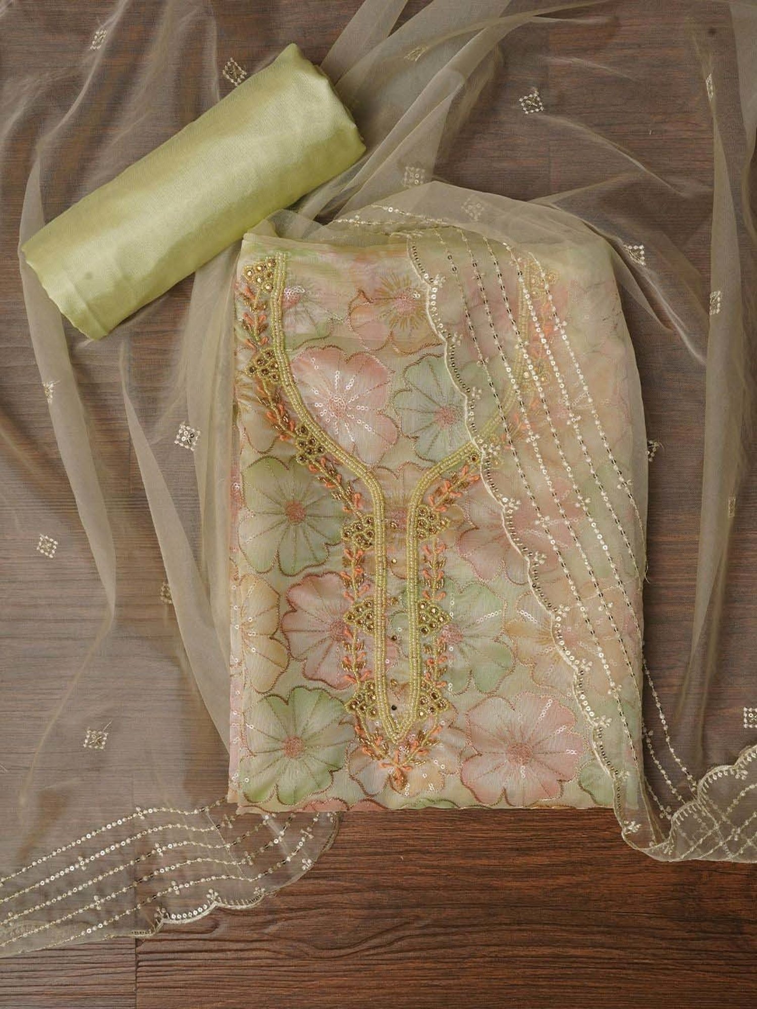 Jaipur Kurti Green & Pink Embroidered Unstitched Dress Material