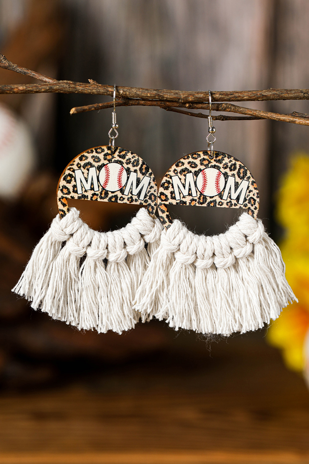White Leopard Rugby MOM Print Fringed Hook Earrings