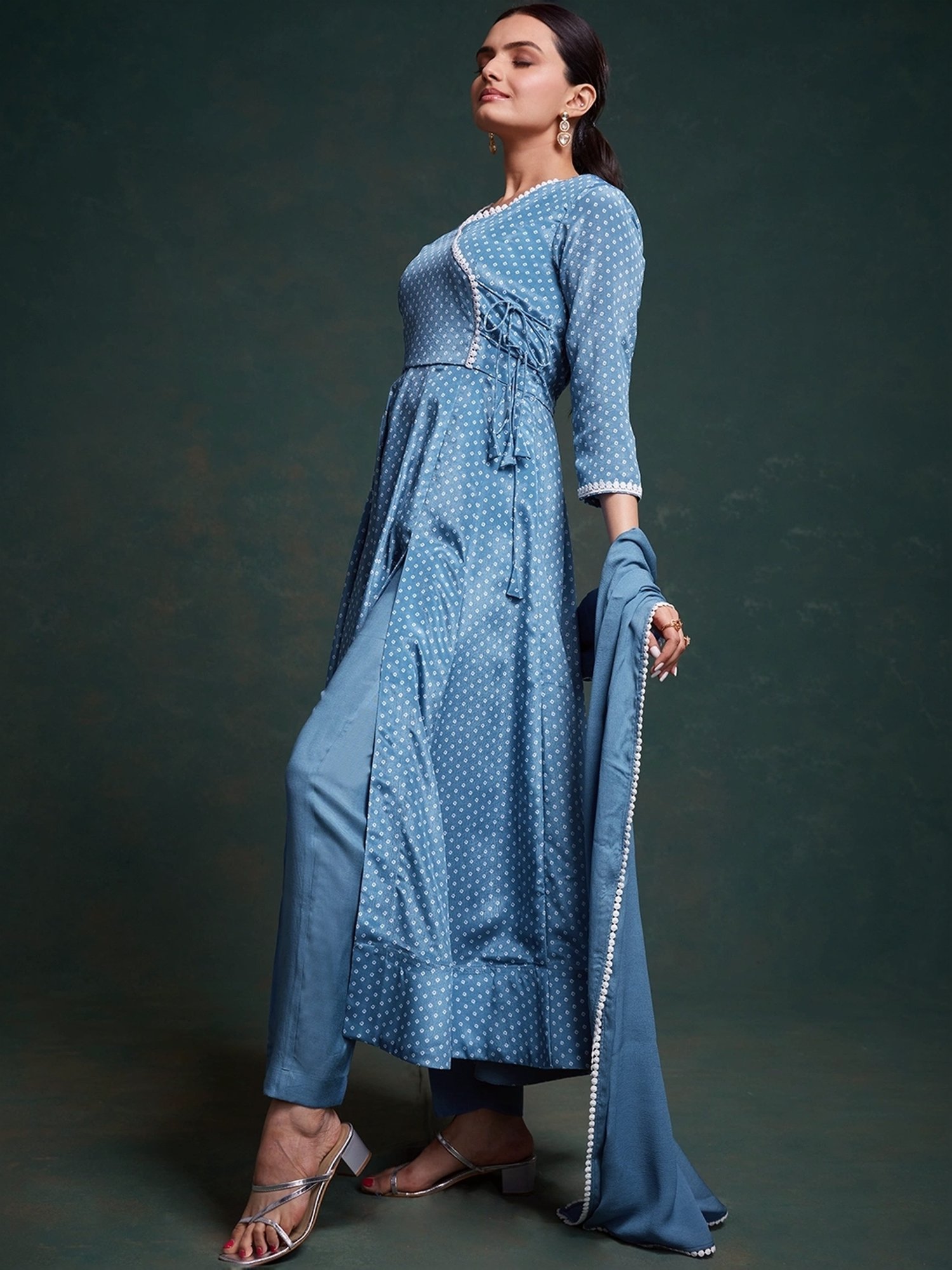 Odette Blue Printed Kurta Pant Set With Dupatta