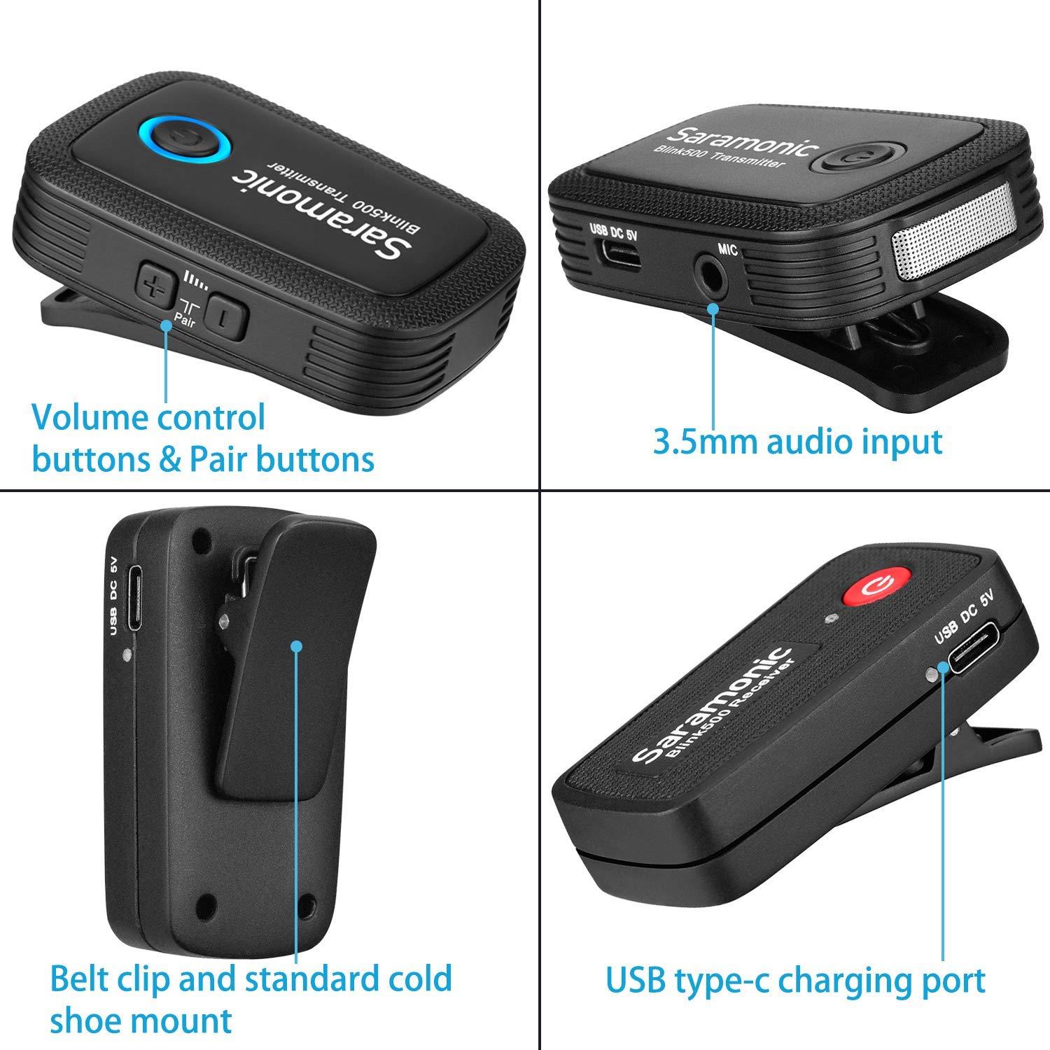 2.4GHz Wireless Microphone System for Camera Smartphones, Saramonic Blink500 Ultracompact Dual-Channel Mic for DSLR, Mirrorless and Video Cameras, Mobile Devices YouTube Facebook Live (TRS & TRRS)