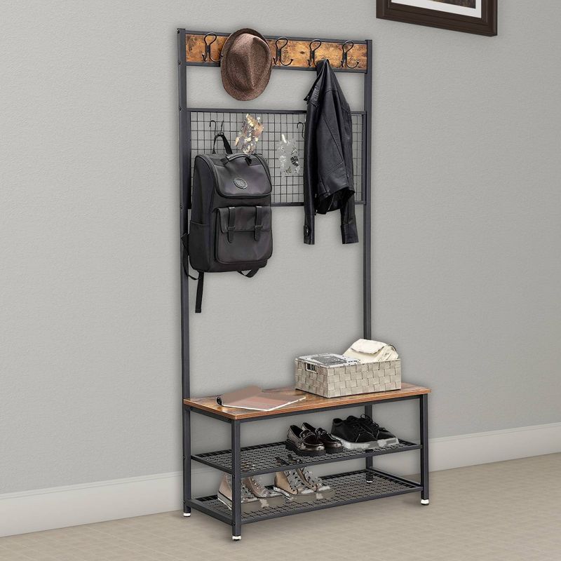 Metal Coat Rack with Wooden Bench Brown and Black - Benzara