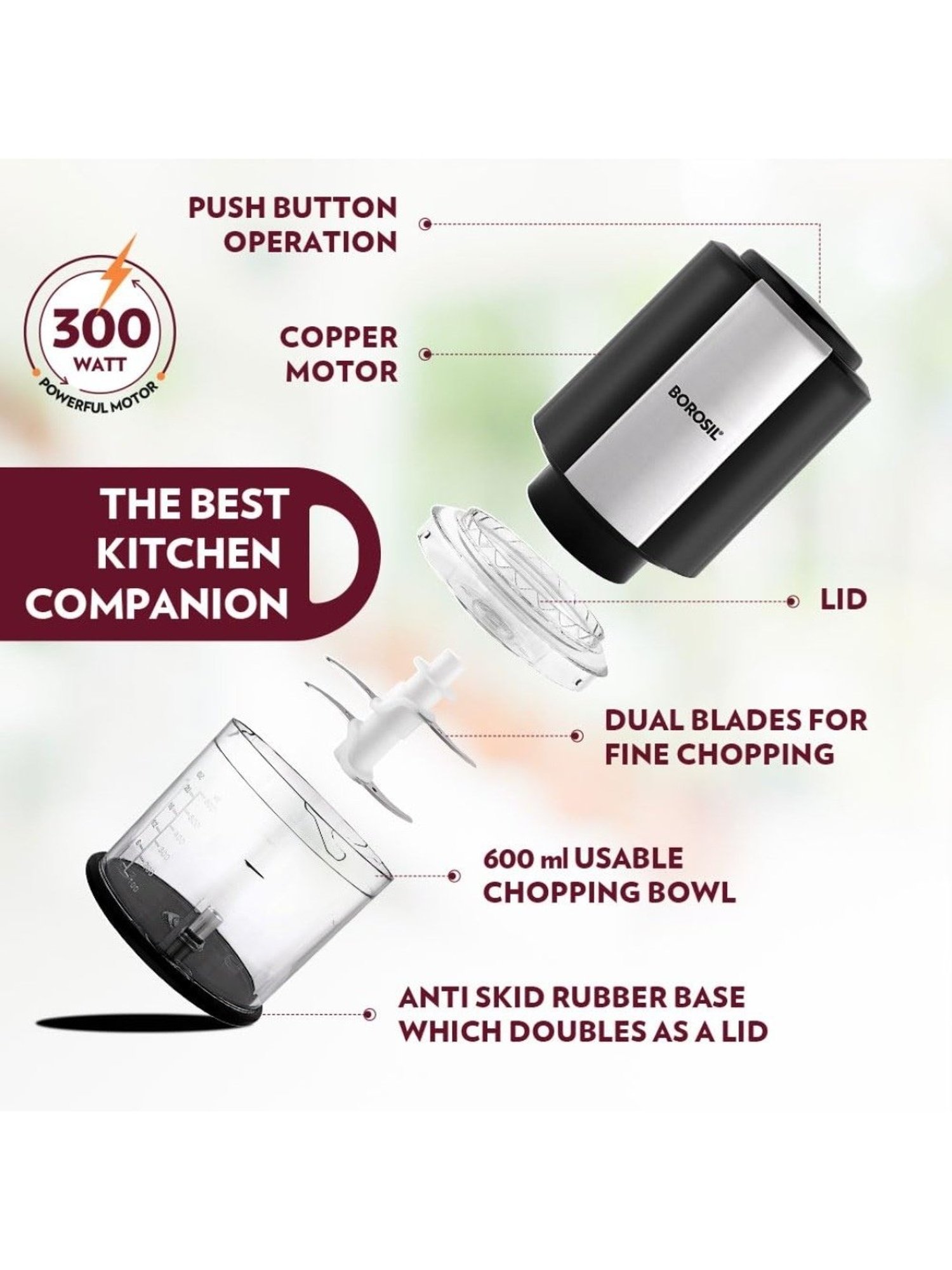 Borosil Chef Delite Electric Chopper 300W plastic bowl with lid (Black)