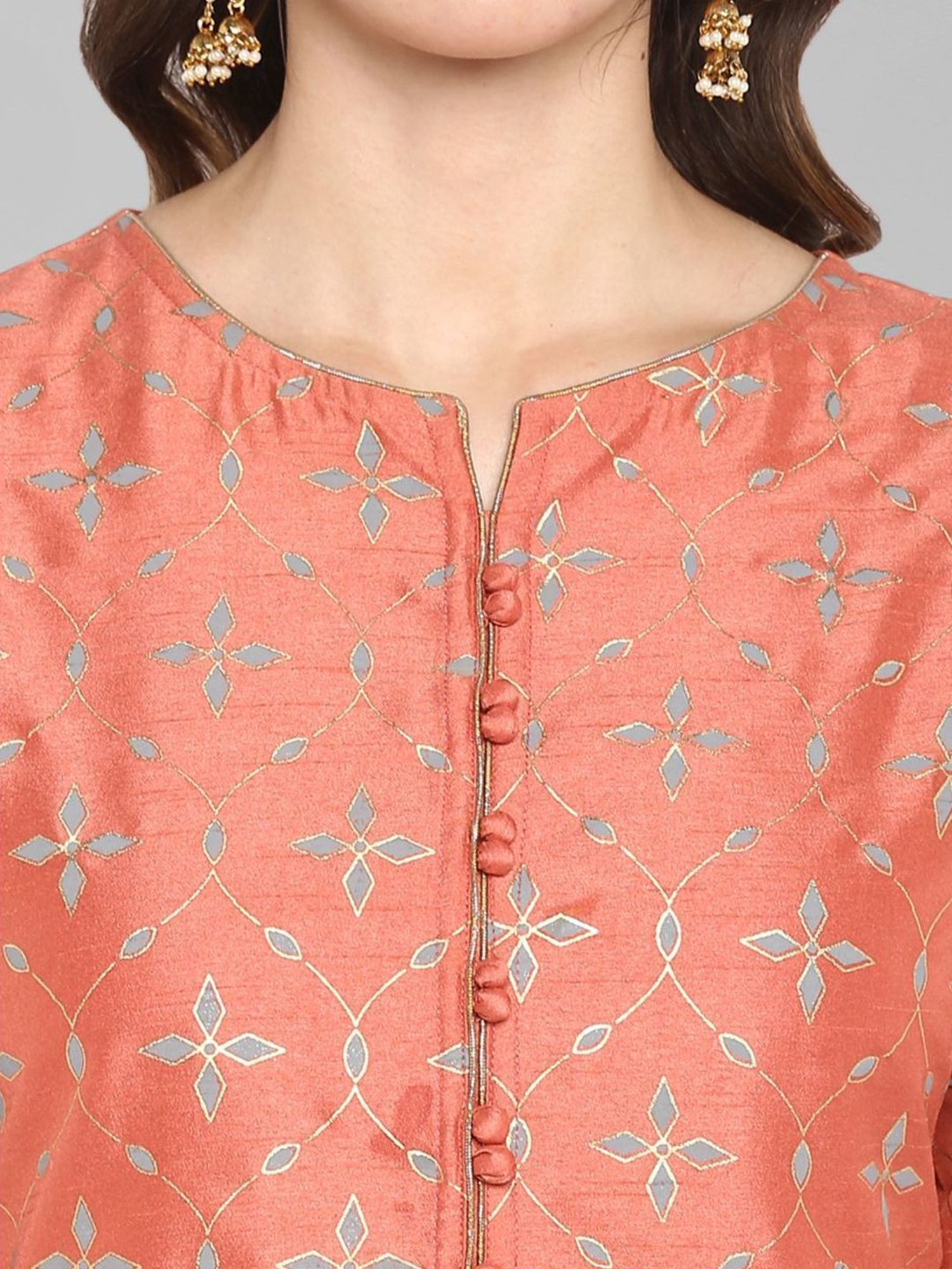 Janasya Peach & Grey Printed Kurta Palazzo Set With Dupatta