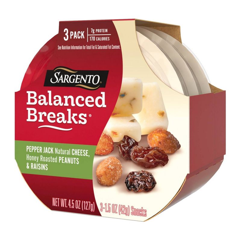 Sargento Balanced Breaks Pepper Jack Cheese, Honey Roasted Peanuts & Raisins - 3pk/1.5oz