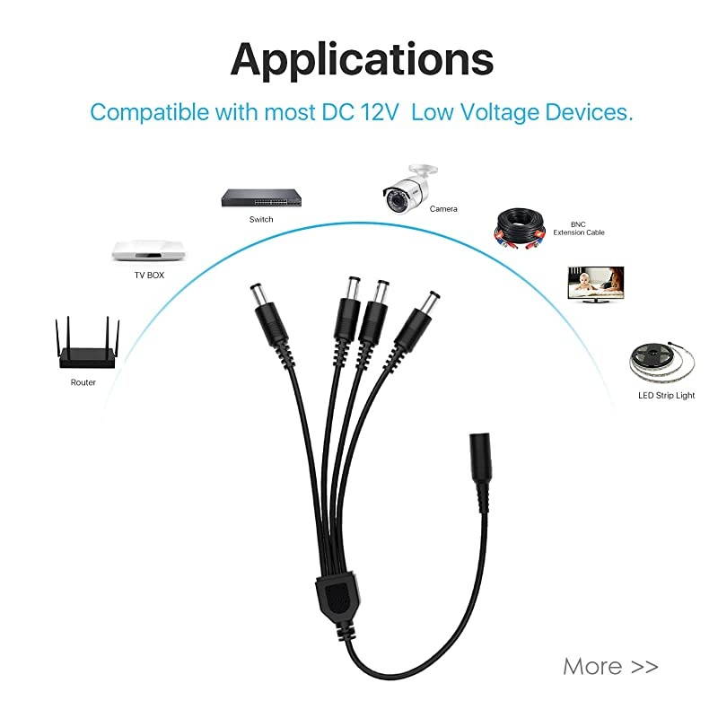 DC 1 Female to 4 Male Output Power Splitter Cable CordY Splitter Adapter Wire4 Way YCable 55mm x 21mm  for CCTV Cameras DVR LED Light Strip