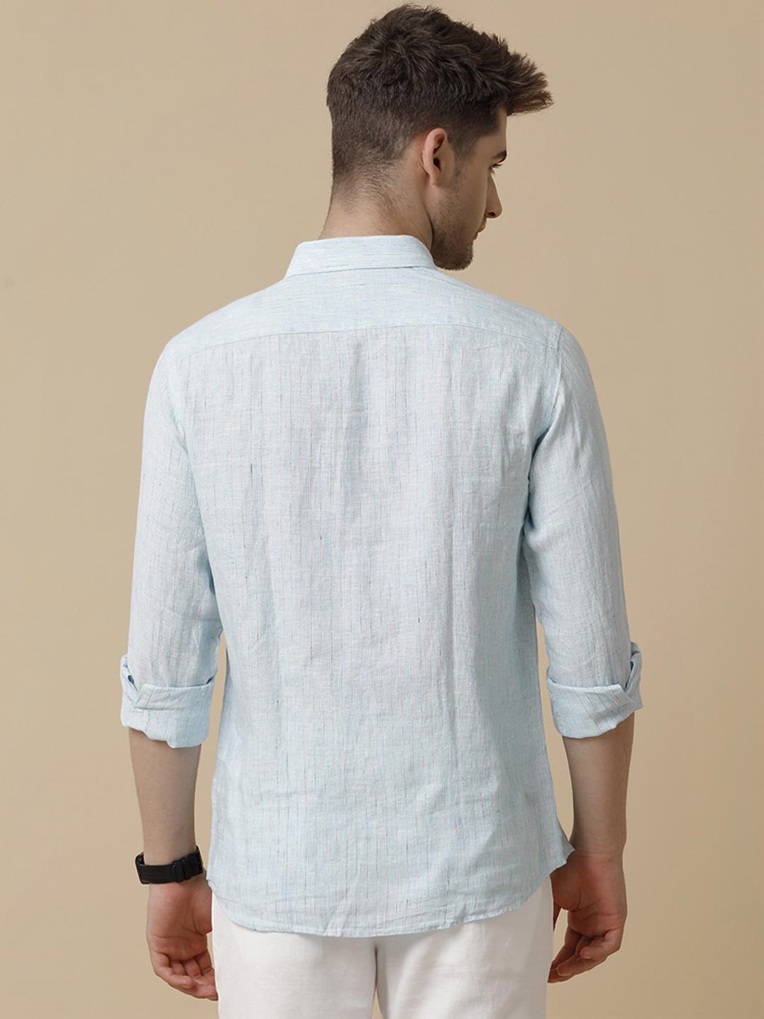 Linen Club Blue Linen Contemporary Fit Striped Shirt