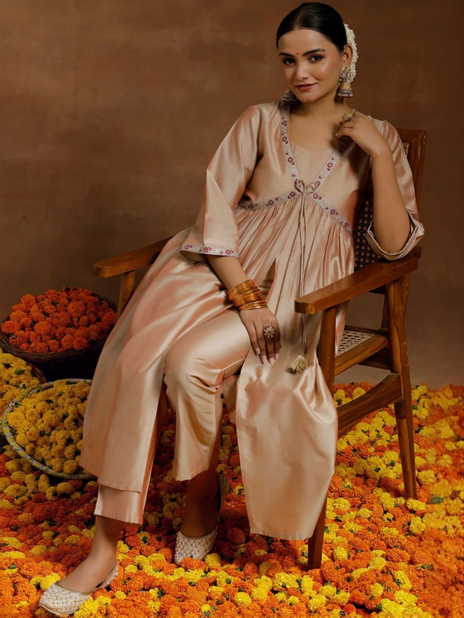 Libas Beige Embroidered Kurta Pant Set