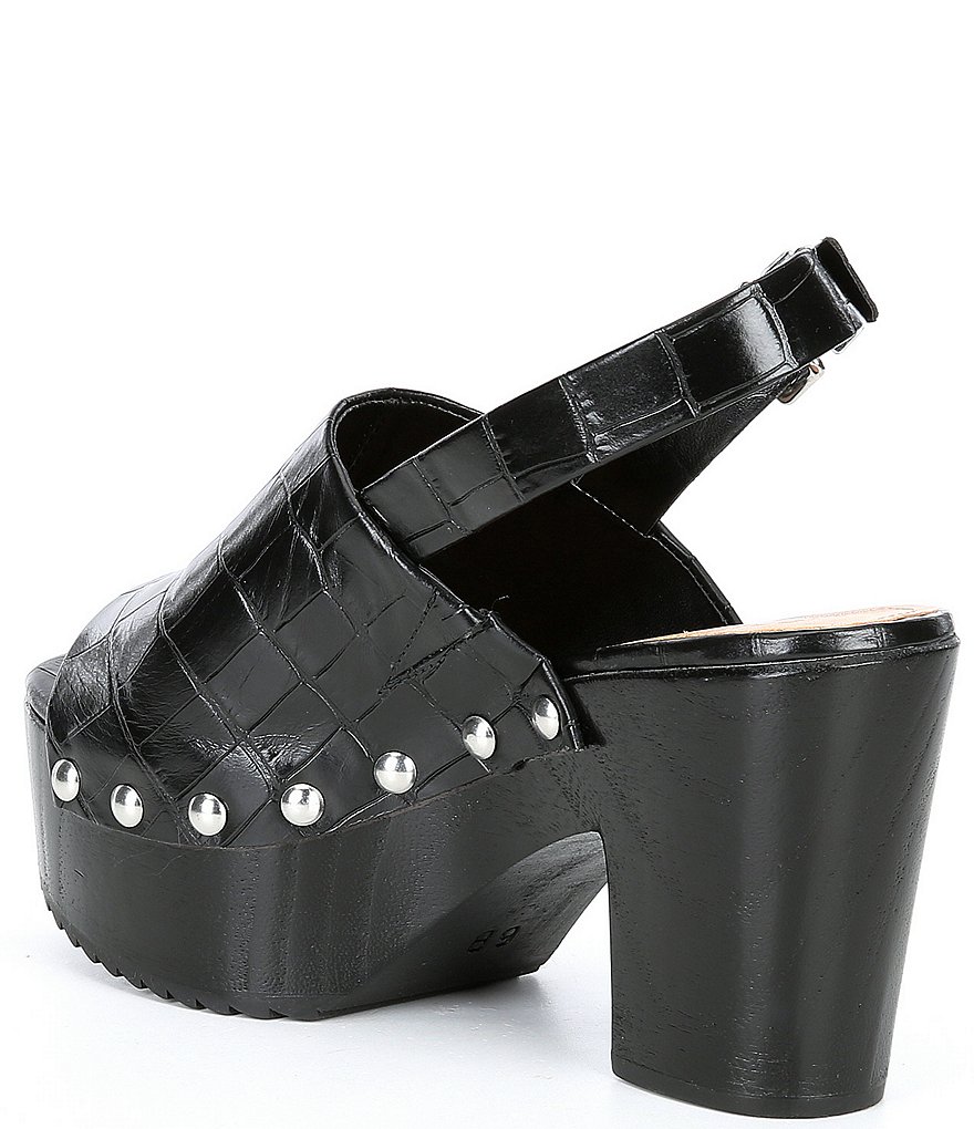 Schutz Yeda Croco Print Studded Leather Platform Block Heel Slingback Clog Sandals