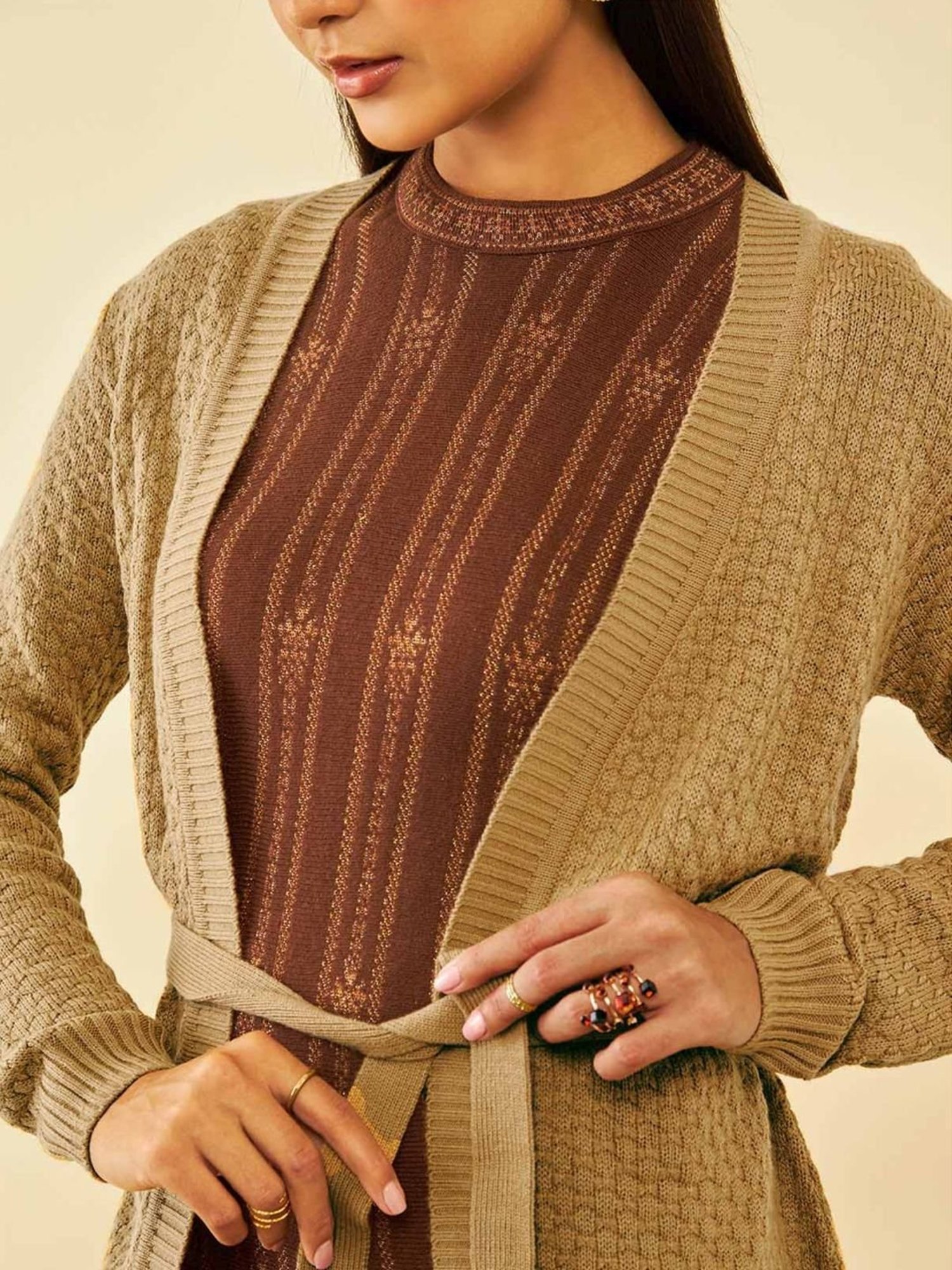 Soch Beige Acrylic Knitted Open-Front Longline Shrug with Waist Tie-Up