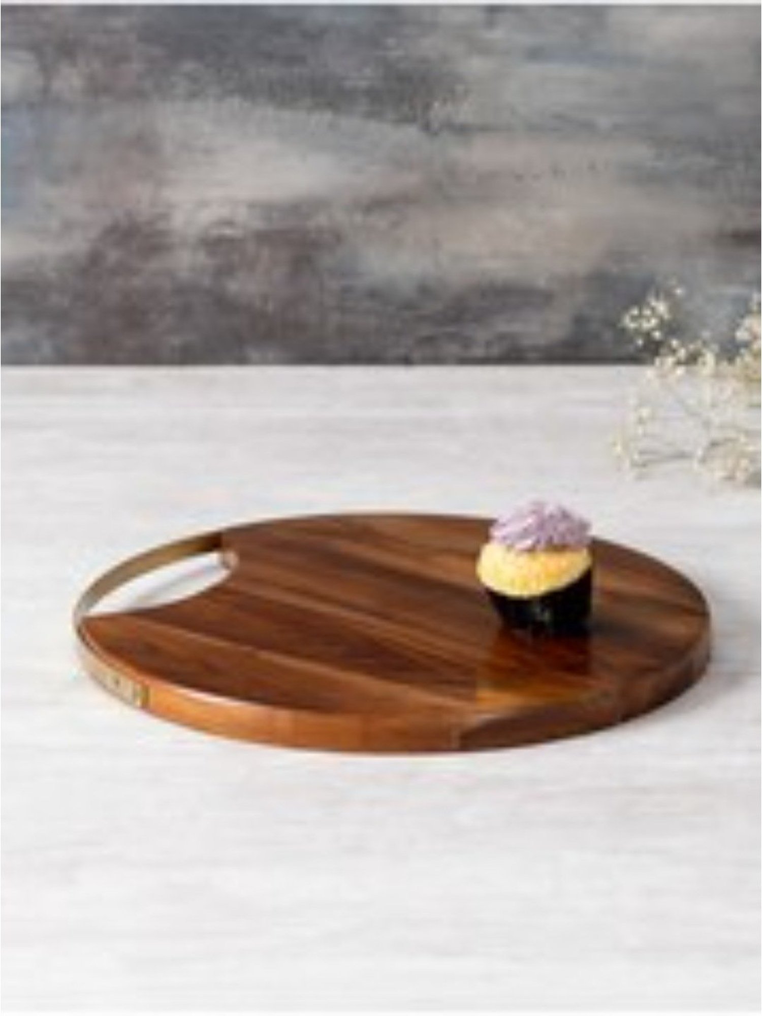 nestroots Wooden Serving Platter Cheese Board with Golden Handle for Snacks (14-Inches)