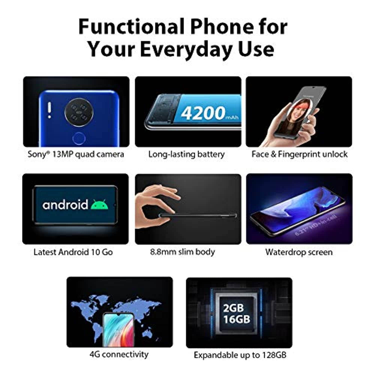 Blackview A80, Android 10, HD+ 6.2 inch, 2GB+16GB+128GB Expandable, 4G Unlocked Smartphones, 13MP Quad Camera, Fingerprint, Face Unlock, WiFi Calling, Unlocked for at and t, Unlocked for tmobile (Blac