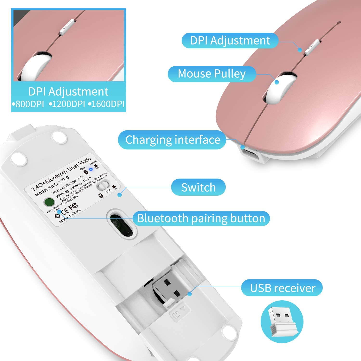 2.4GHz Wireless Bluetooth Mouse, 3 Adjustable DPI, Dual Mode Slim Rechargeable Wireless Mouse Silent USB Mice,Compatible for Laptop Windows Mac Android MAC PC Computer (Silver)