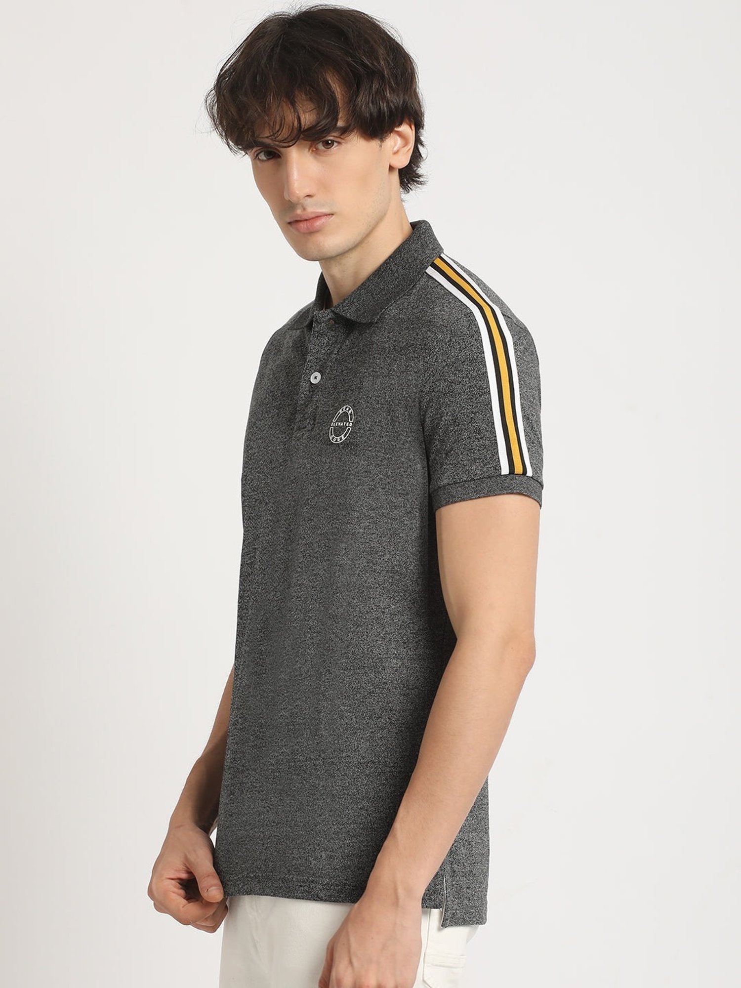 The Bear House Grey Slim Fit Self Pattern Polo T-Shirt