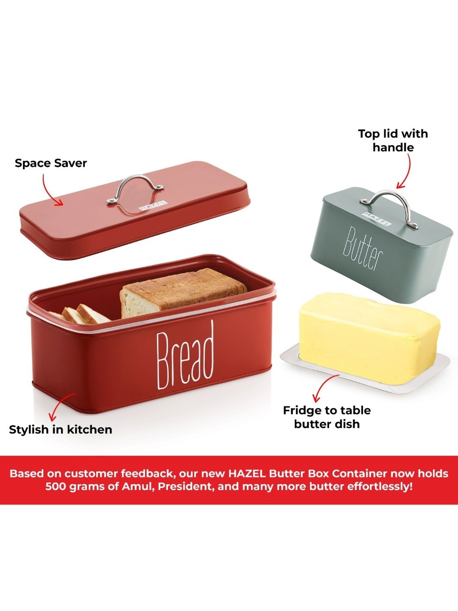 HAZEL Red and Olive Green Galvanized Metal Bread Butter Box - Set of 2 (4.1L)