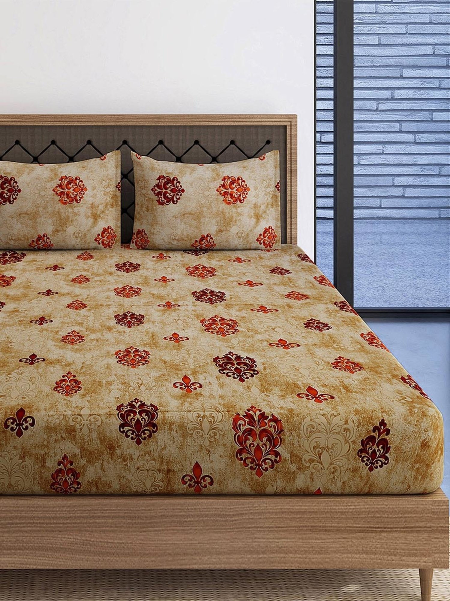 Swayam Zinnia Floral Brown 210 TC Cotton King Bedsheet with 2 Pillow Covers