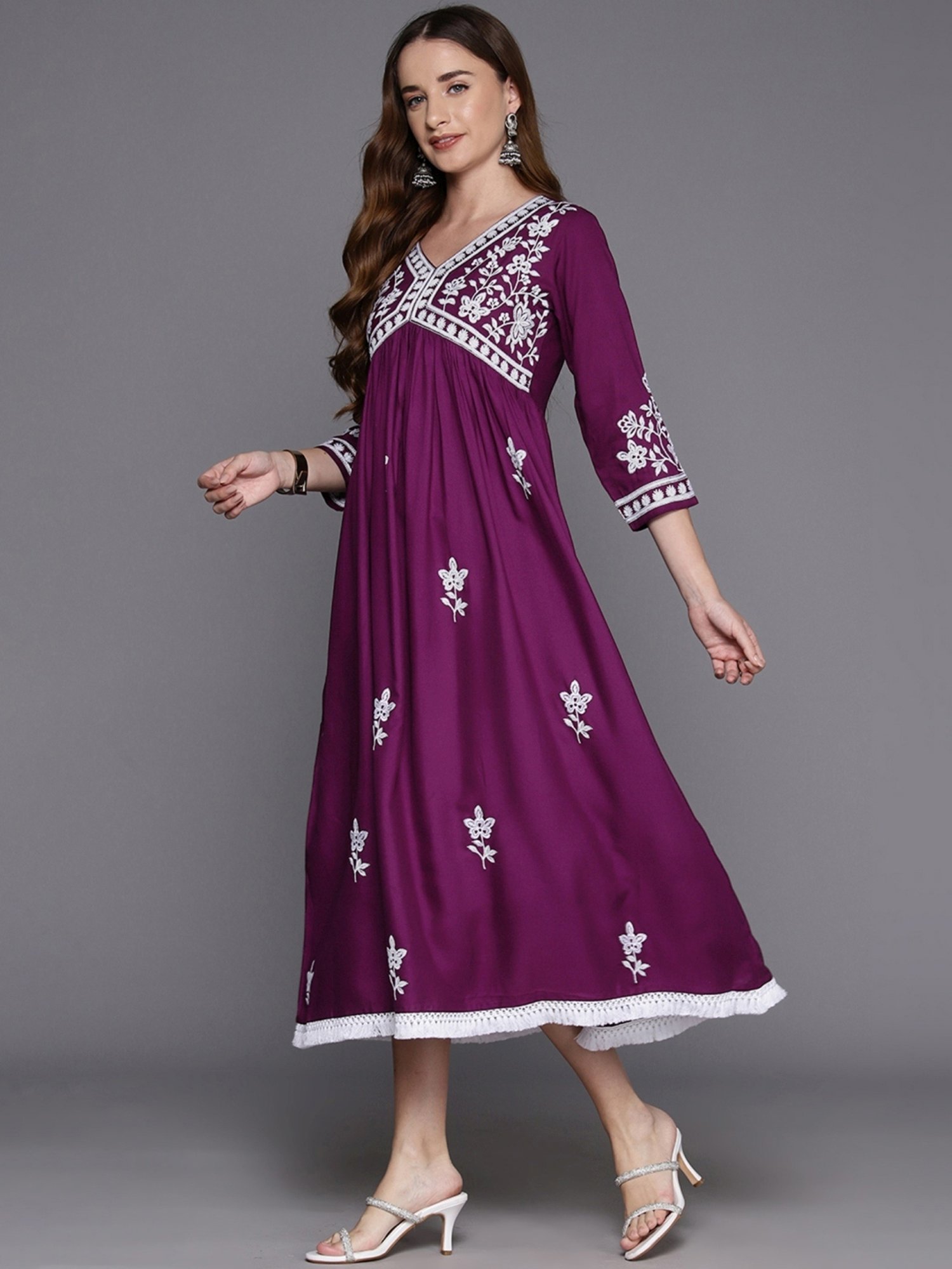 Indo Era Purple Embroidered A-Line Dress