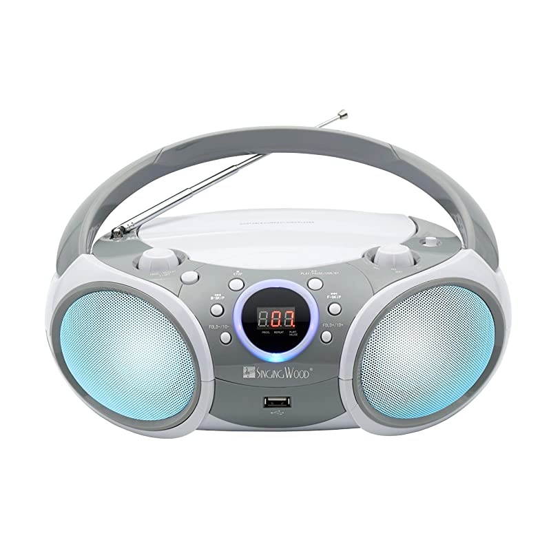 CDCDRCDRW Boombox Portablew Bluetooth USB AMFM Radio AUXInput Headset Jack Foldable Carrying Handle and LED Light Space Grey