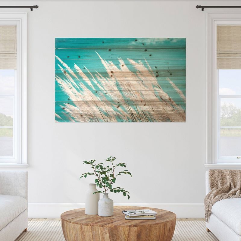 24" x 36" Pampas Grassy Field Print on Planked Wood Wall Sign Panel Teal Blue - Gallery 57