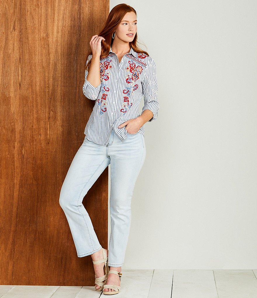 Reba 3/4 Cuffed Sleeve Button Front Embroidered Eyelet Shirt