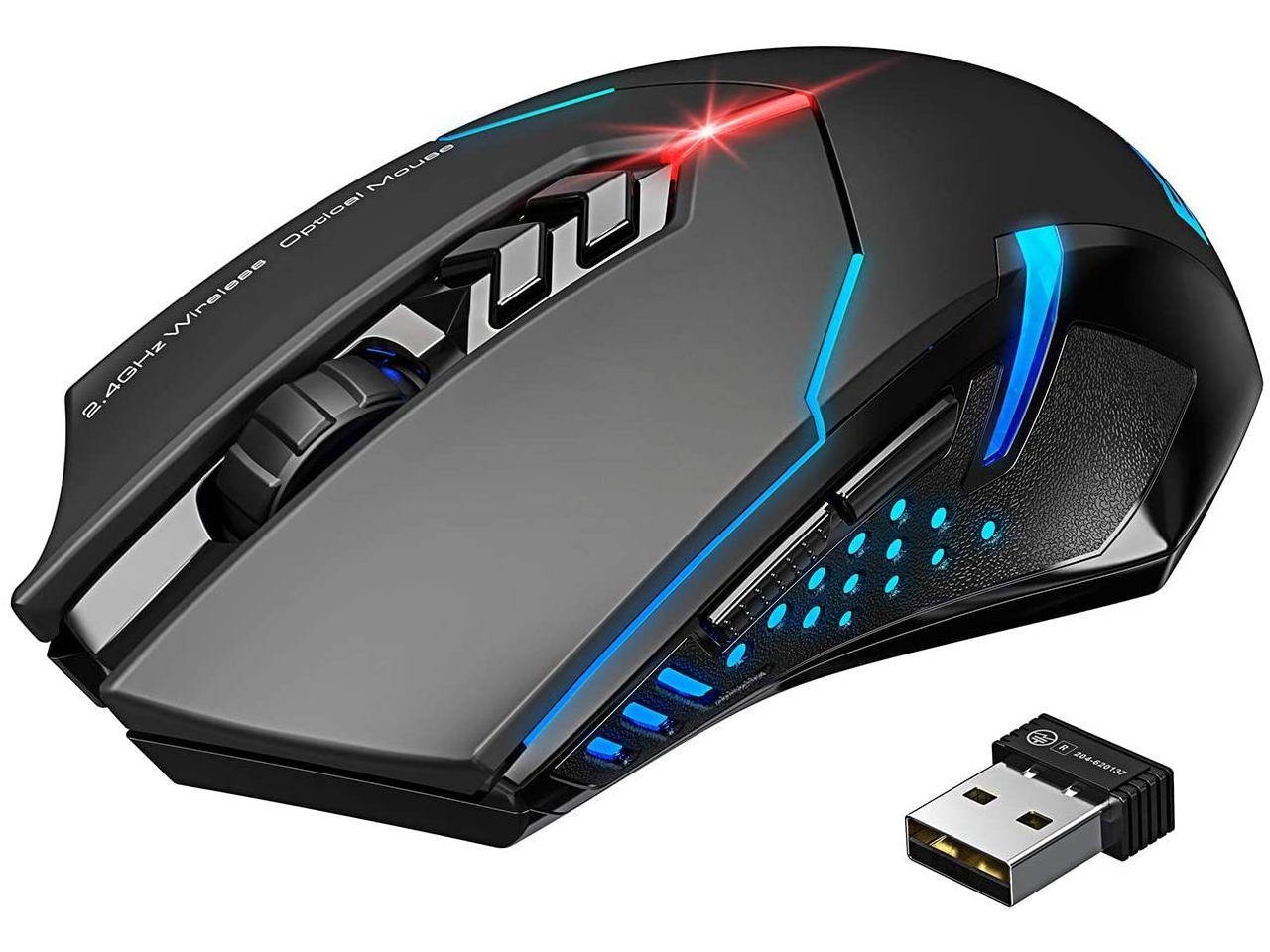 Wireless Gaming Mouse with Unique Silent Click, Breathing Backlit, 2 Programmable Side Buttons, 2400 DPI, Ergonomic Grips, 7-Button Design - Black