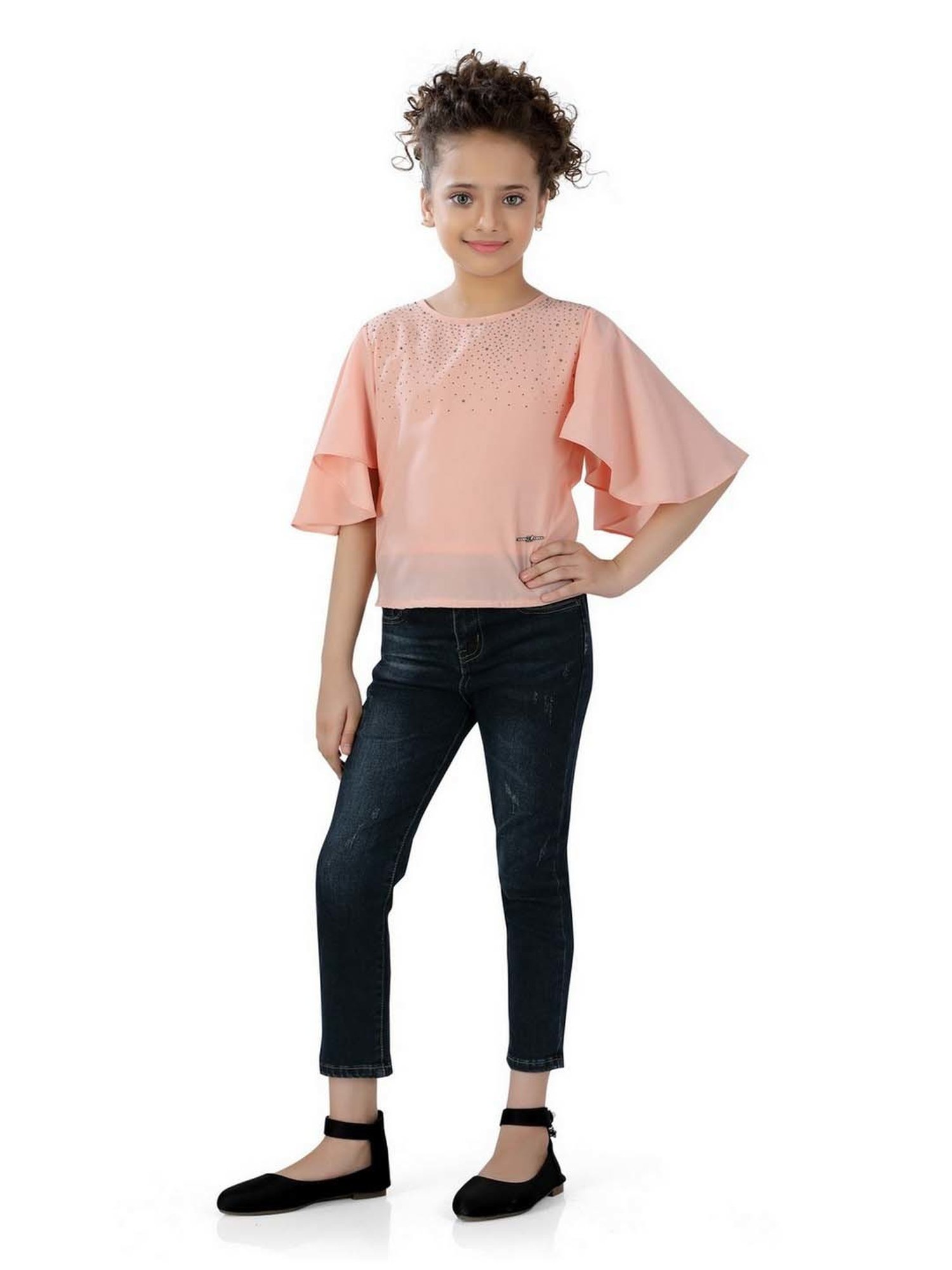 poplins Kids Peach Cotton Embellished Top