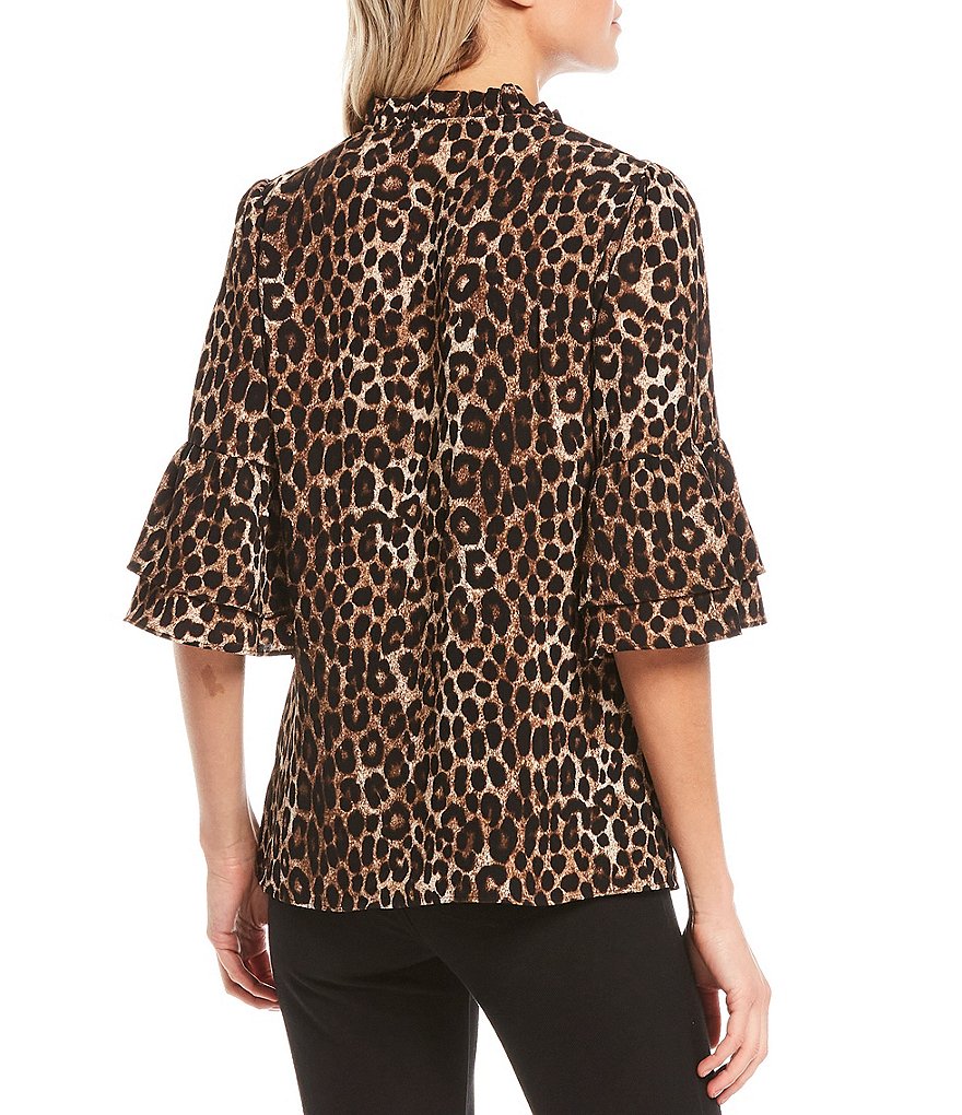 MICHAEL Michael Kors Cheetah Print Textured Crepe Flounce Cuff Ruffle Trim V-Neck Top