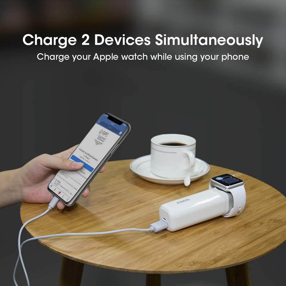 ROMOSS Apple Watch Charger, 3250mAh Portable Charger for All Apple Watch Series, Dual Port 2A Output for iPhone X/8 Plus/8/7Plus/7/6 Plus/6S and more USB devices-White (Apple Watch Cable Not Included)