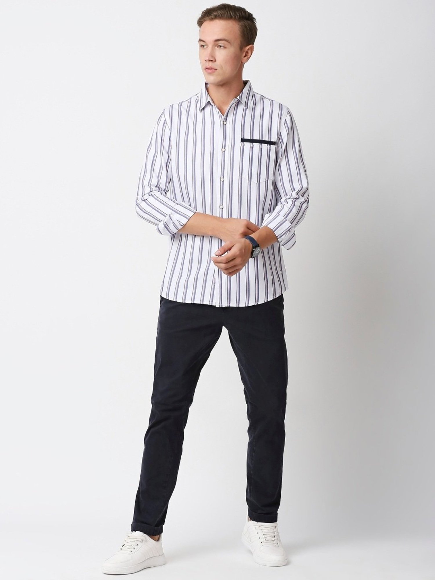 Solemio White Slim Fit Striped Shirt