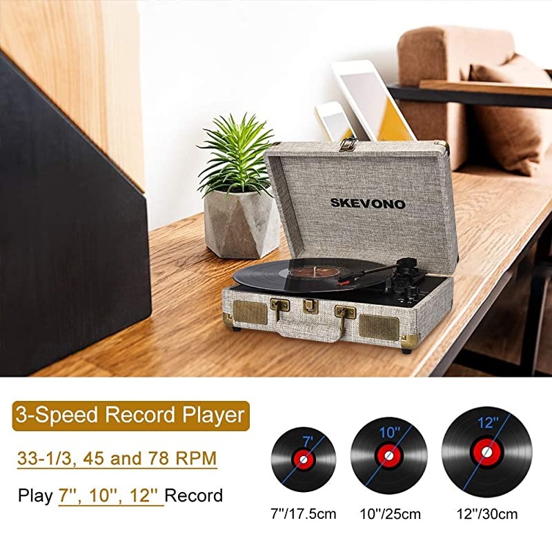 Vinyl Record Player  3 Speed Portable Suitcase Turntable Bluetooth Vintage Record Player with 2 Builtin Speakers Supports RCA OutputHeadphone JackPhone Music Playback Light Beige Linen