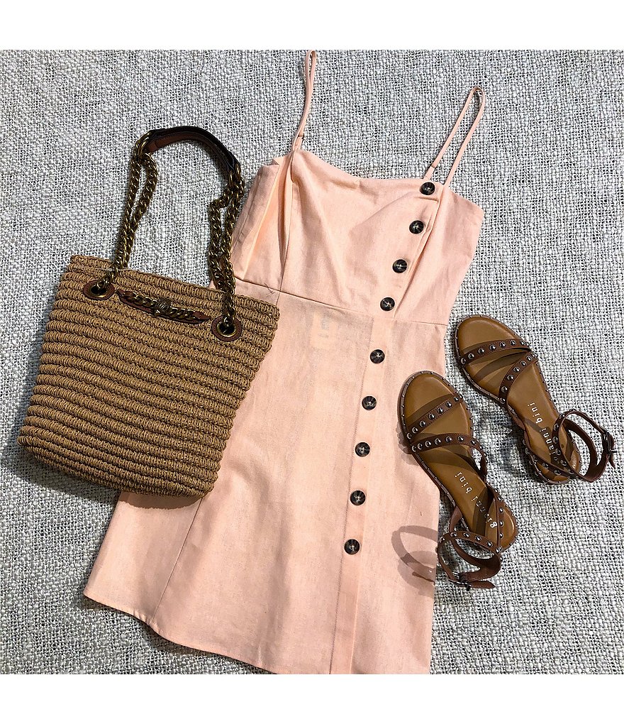 Copper Key Button Front Spaghetti Strap Dress