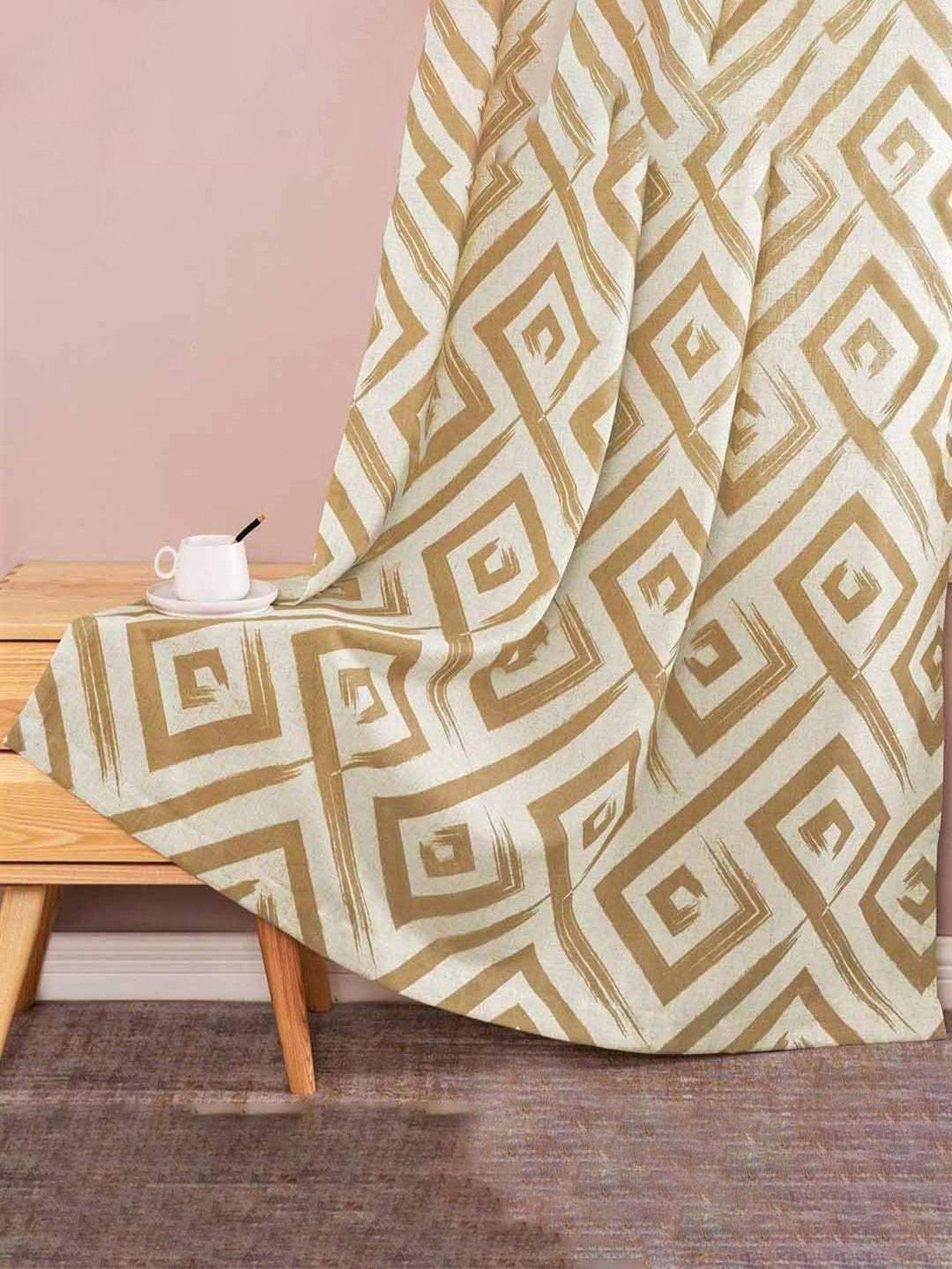 Urban Space Geometric Beige Cotton 5 ft Window Curtains - Set of 2