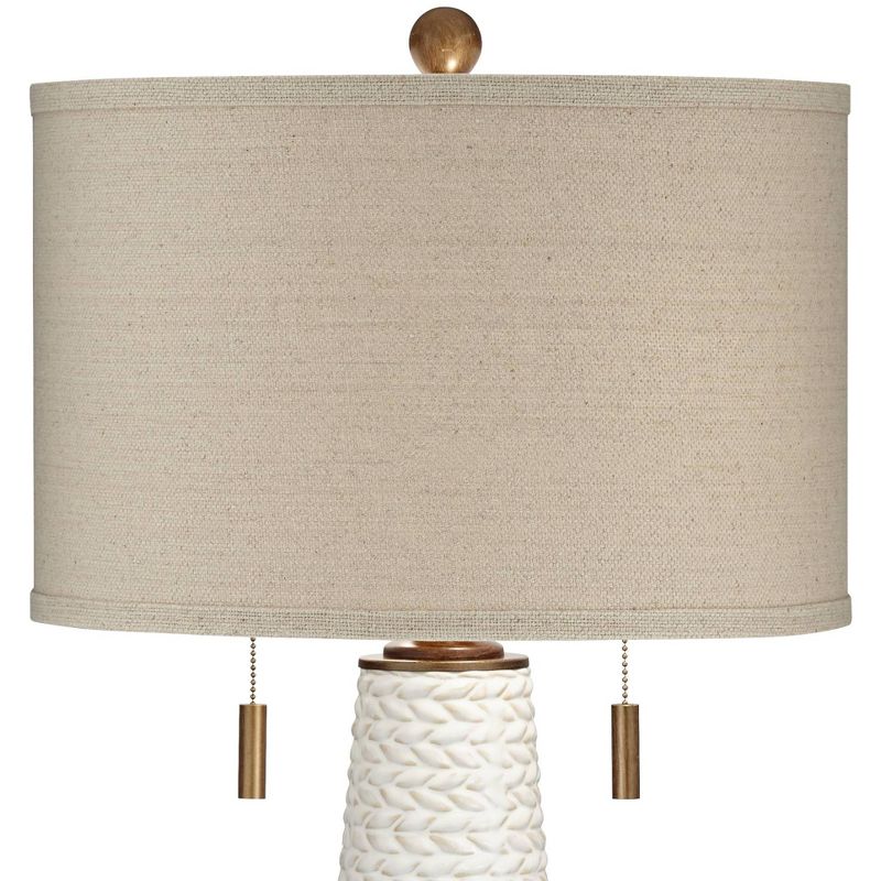 Possini Euro Design Mid Century Modern Table Lamp White Ceramic Taupe Drum Shade for Living Room Bedroom Bedside Nightstand Office