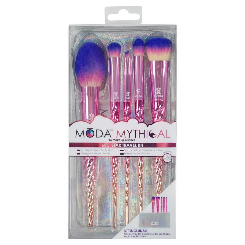 MODA Brush Mythical 6pc Star Travel Makeup Brush Set with Holographic Zip Case, Includes - Blush, Complexion, Domed Shadow, and Angle Eyeliner Brushes