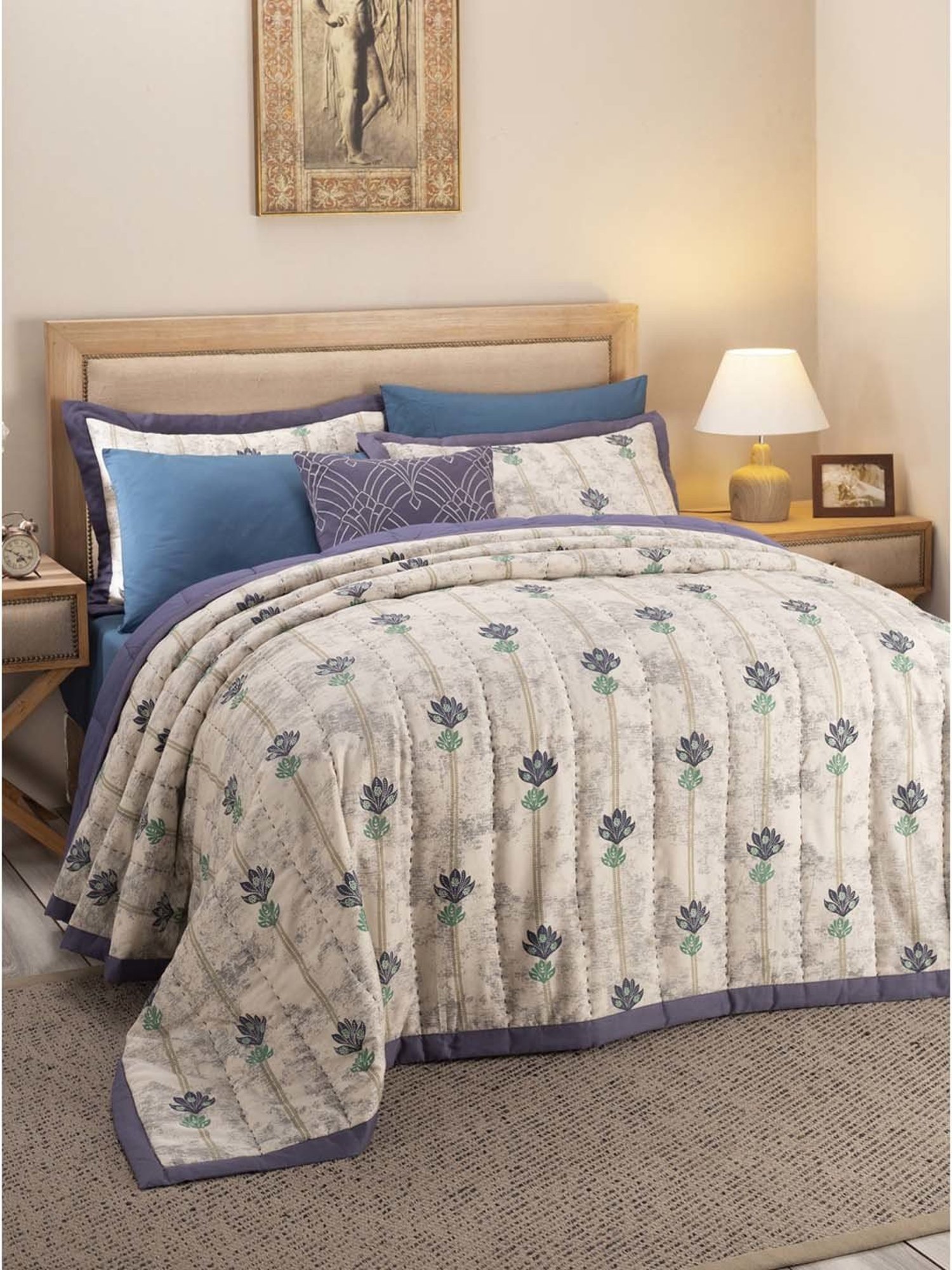 Maspar Hues Nouveau Tradition Water Lily Blue & Beige Cotton 300 TC Double Bed Linen Set