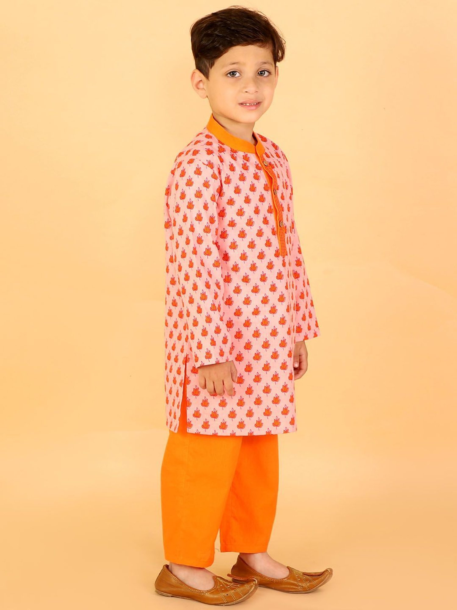 Lil Drama Kids Light Pink & Orange Floral Print Full Sleeves Kurta with Pyjamas