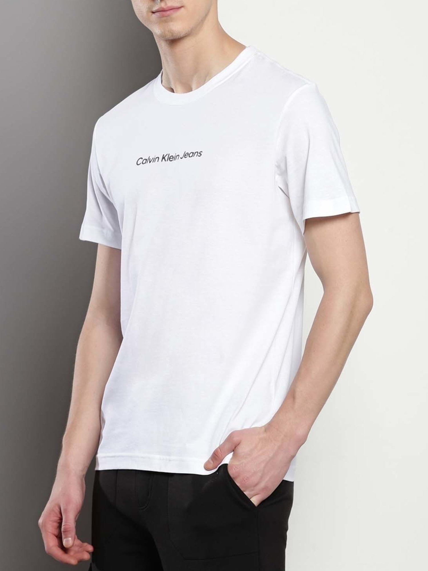 Calvin Klein Bright White Cotton Regular Fit Logo Printed T-Shirt