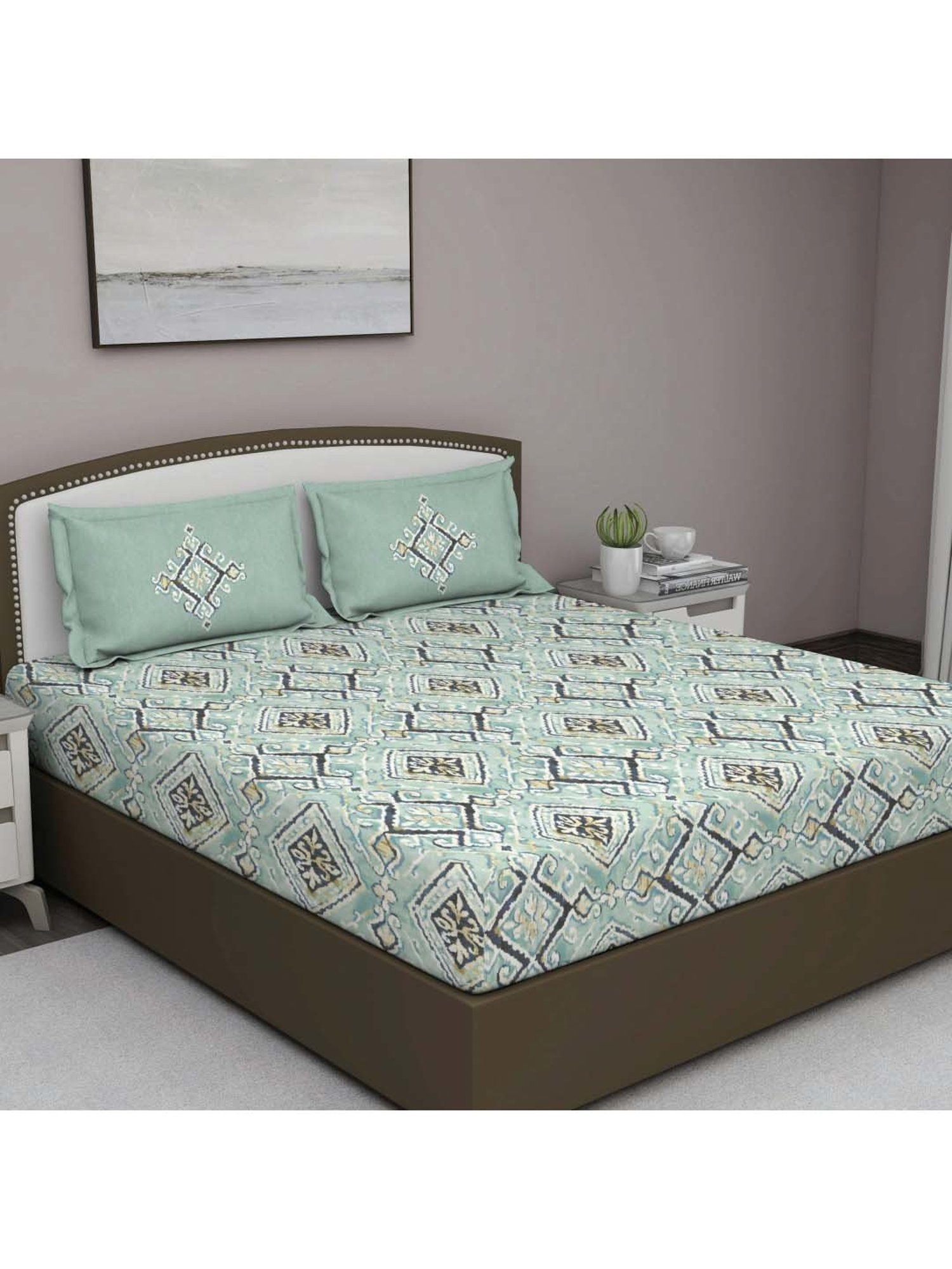 GM 'Fiesta' Sage Green Cotton 180 TC Double Bedsheet with 2 Pillow Covers