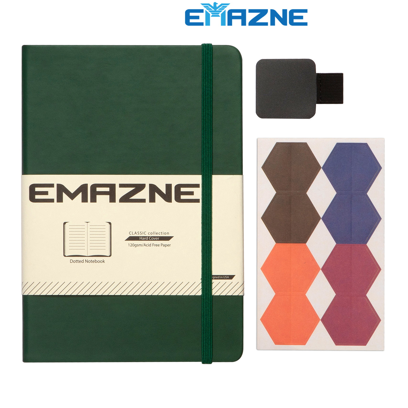 Emazne Classic Hardcover Notebook with Pen Loop,Bookmark,Green,Size:A5 (5.7" x 8.25"),Premium Thick 120gsm Paper,Dotted Page,176 Pages,PU Leather,Inner Pocket,(Free Gift-Tabs Flags)|Designed in US