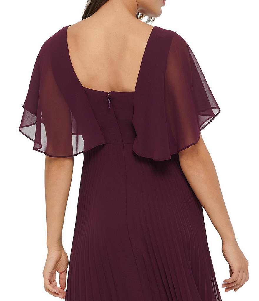 Kensie V-Neck Flutter Sleeve Chiffon Pleated Asymmetric Hem Midi Dress
